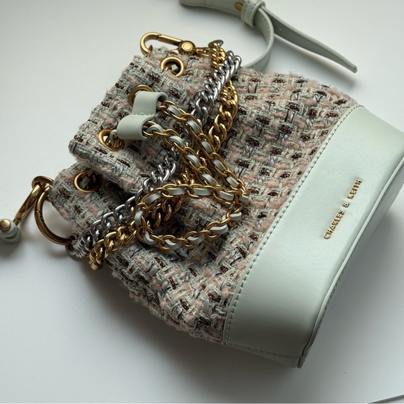 Charles & Keith Dancer Tweed Drawstring Bucket Bag (Mint Green) - Picture 2 of 7